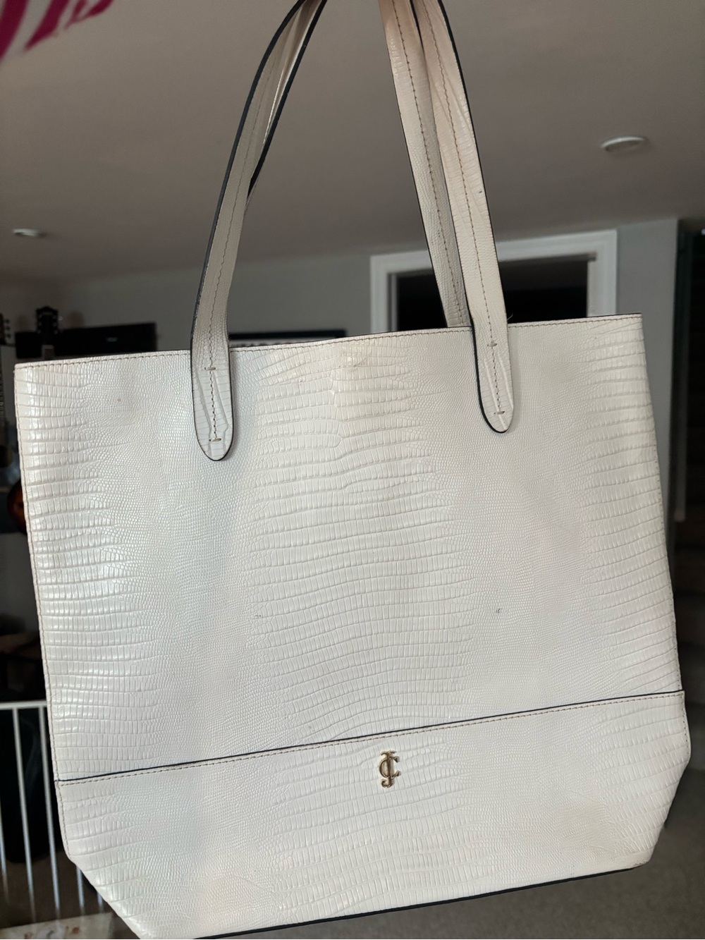 Juicy Couture White Croc-Embossed Tote with Gold Logo